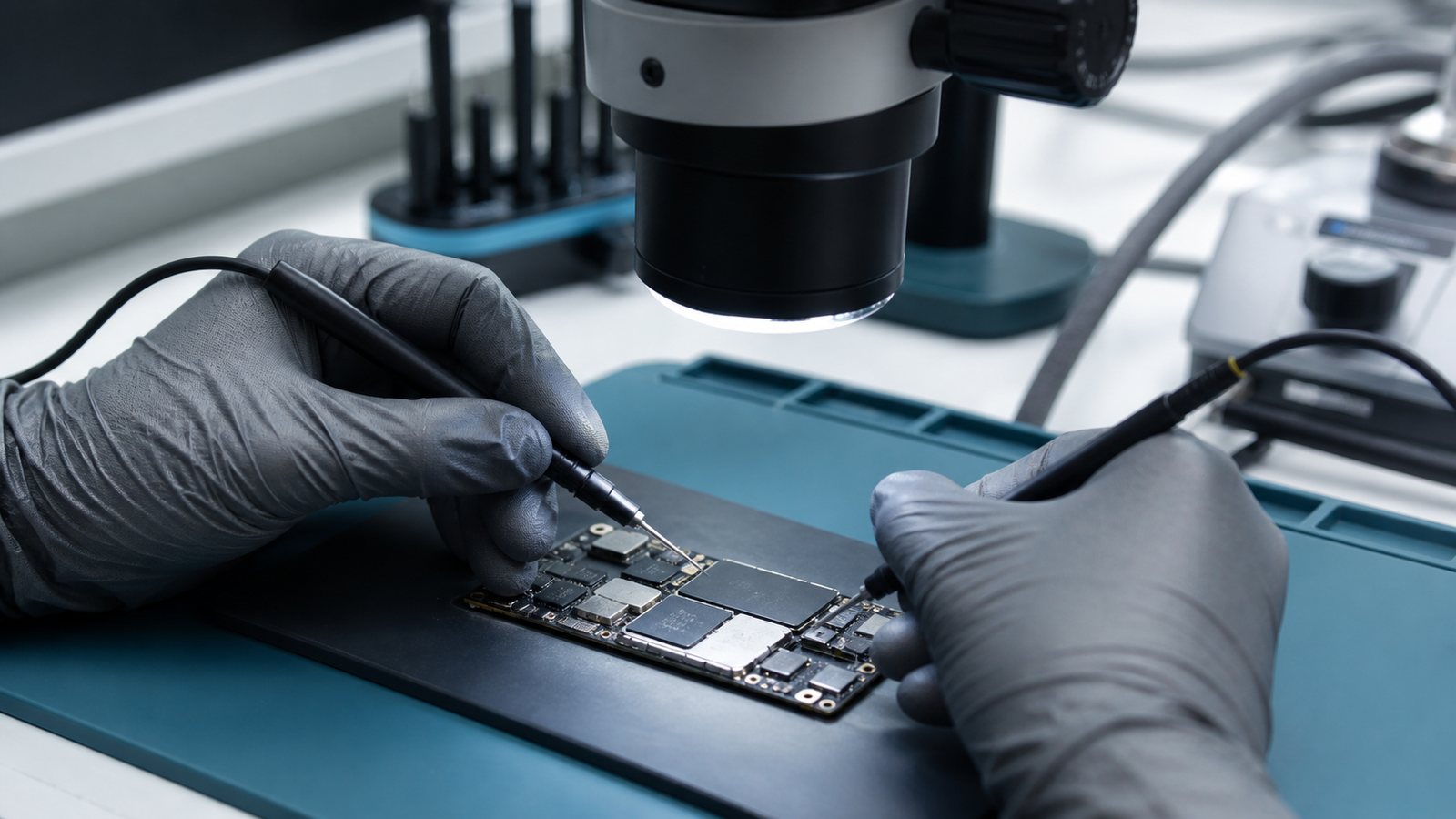 Technician examining smartphone components under a microscope
