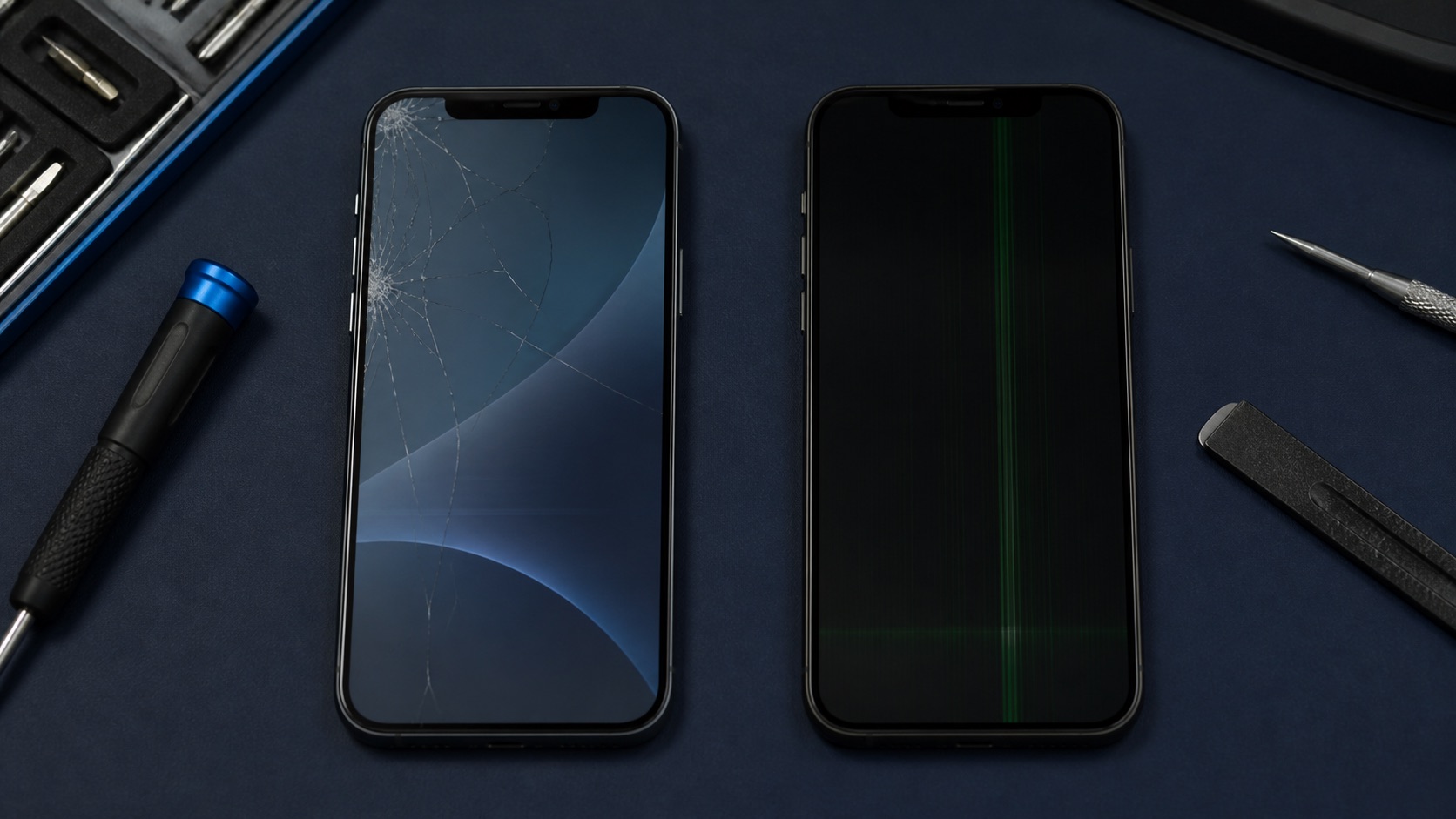 iPhone ön cam kırığı ile ekran görüntü arızası arasındaki farkı gösteren teknik servis görseli