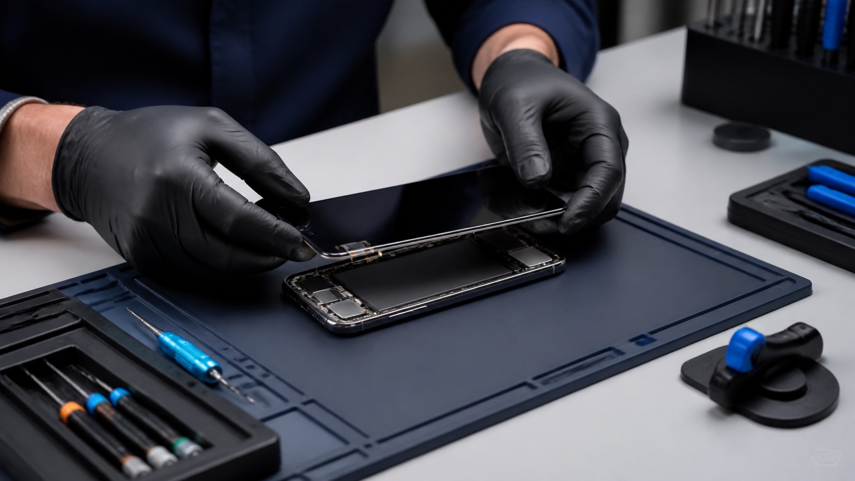 Technician inspecting a smartphone on a professional repair bench