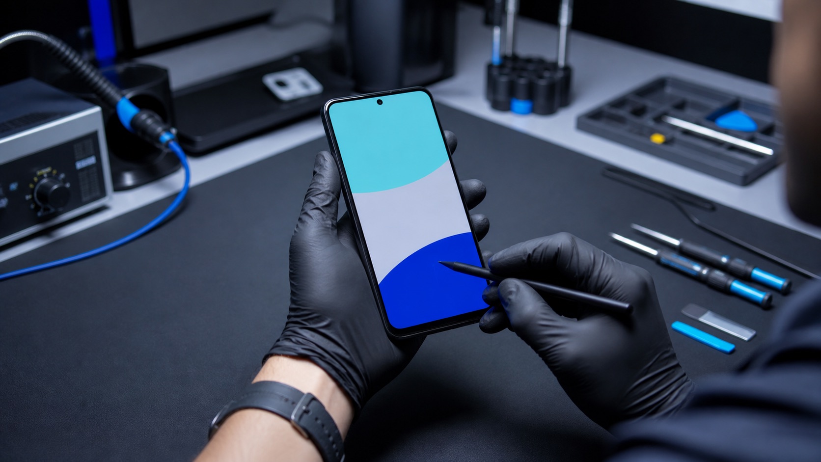 Technician checking a smartphone display at a repair bench