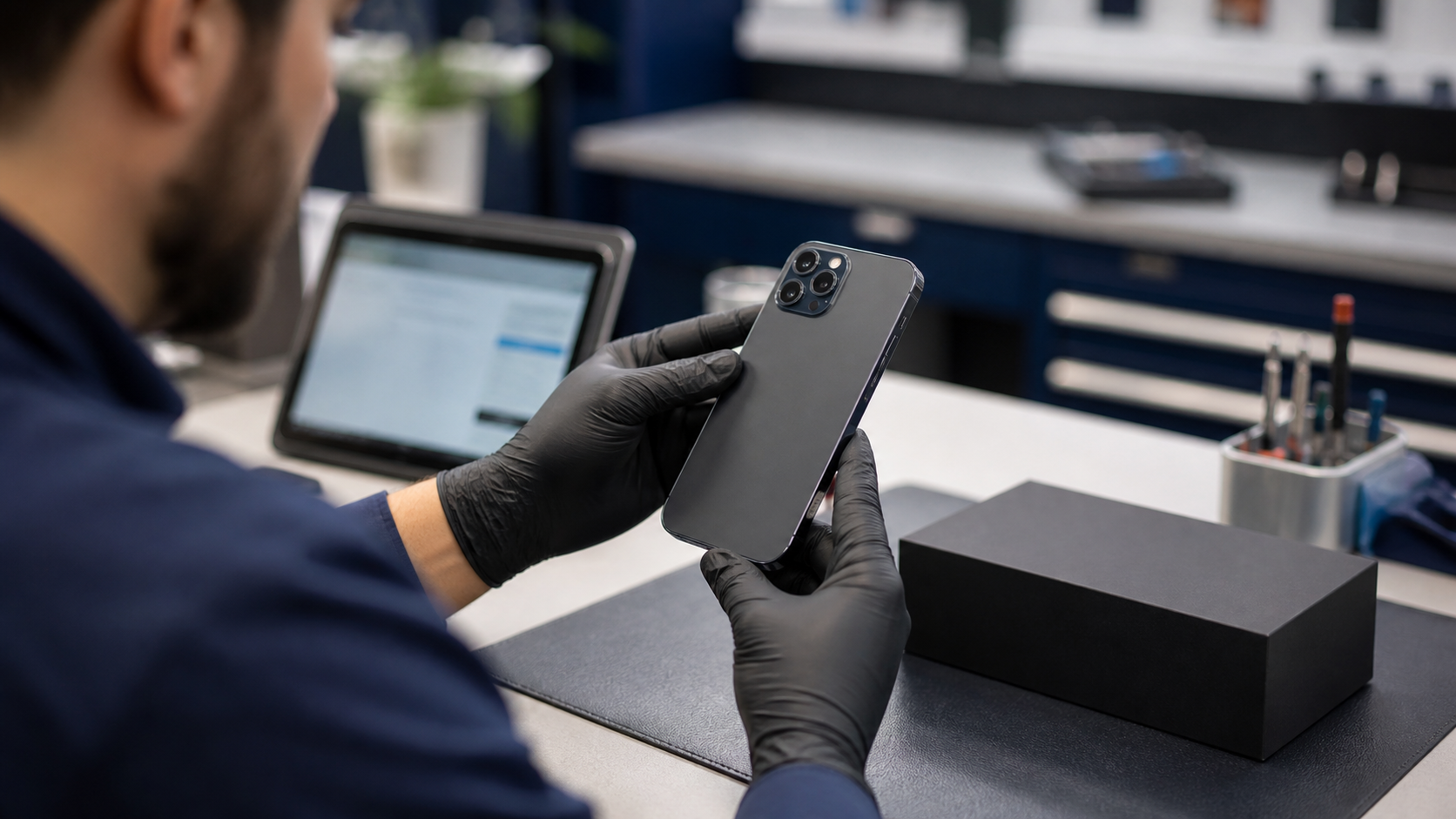 İkinci el iPhone model ve fiziksel durum kontrolü yapan teknisyen
