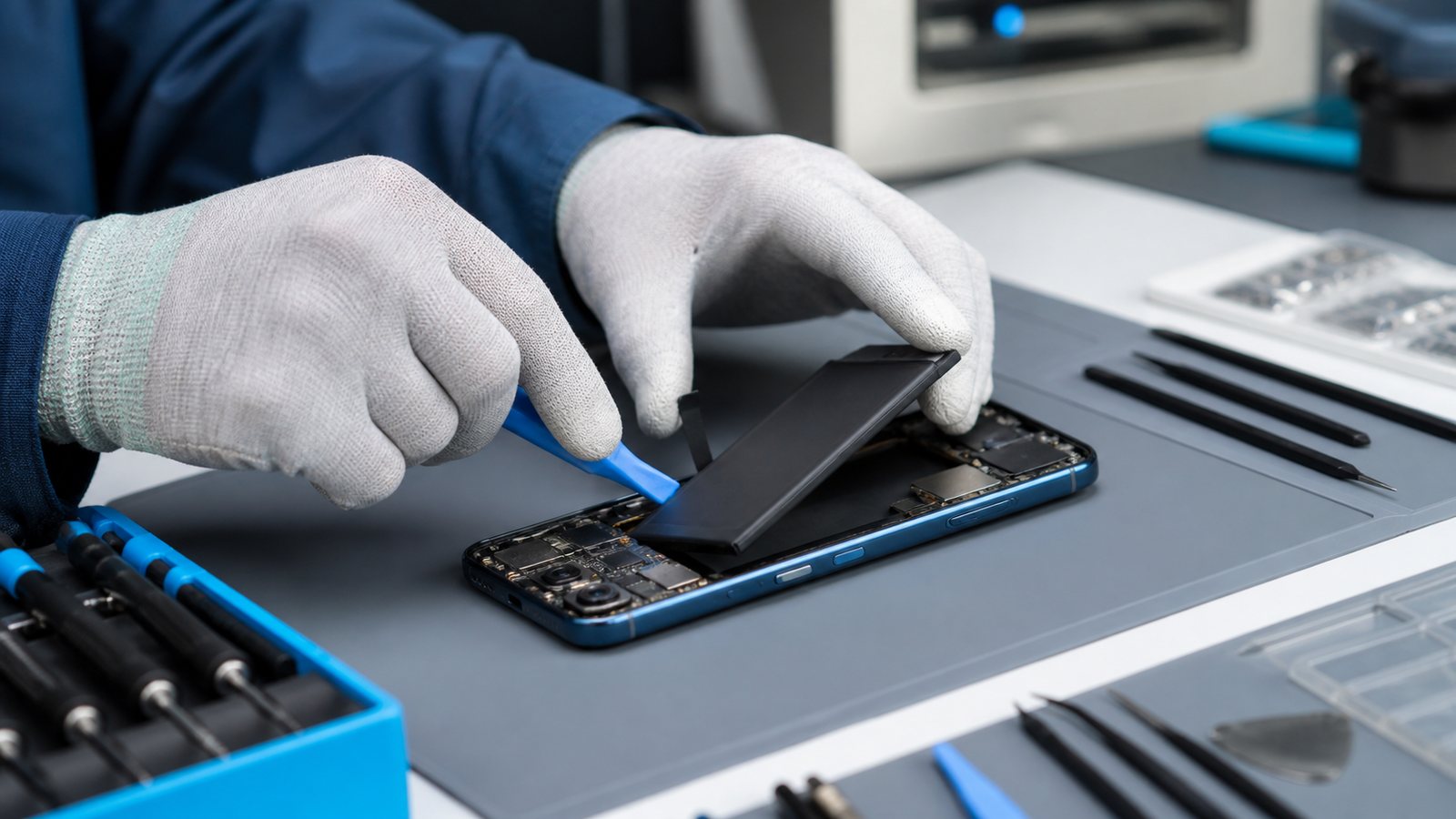 Technician working with smartphone battery components