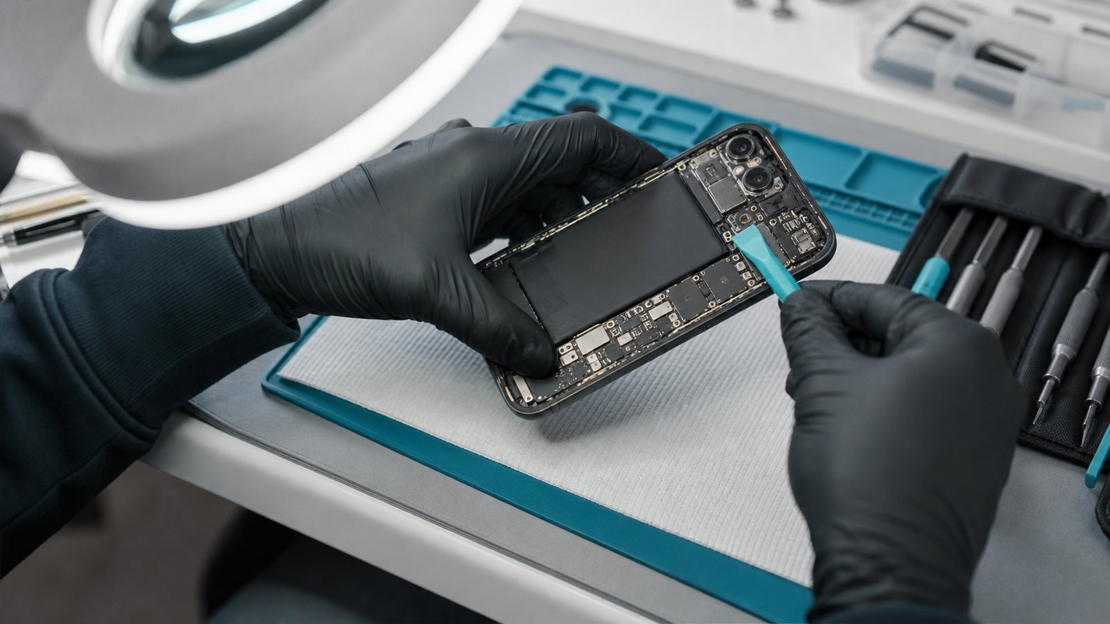 Opened smartphone undergoing careful technical inspection