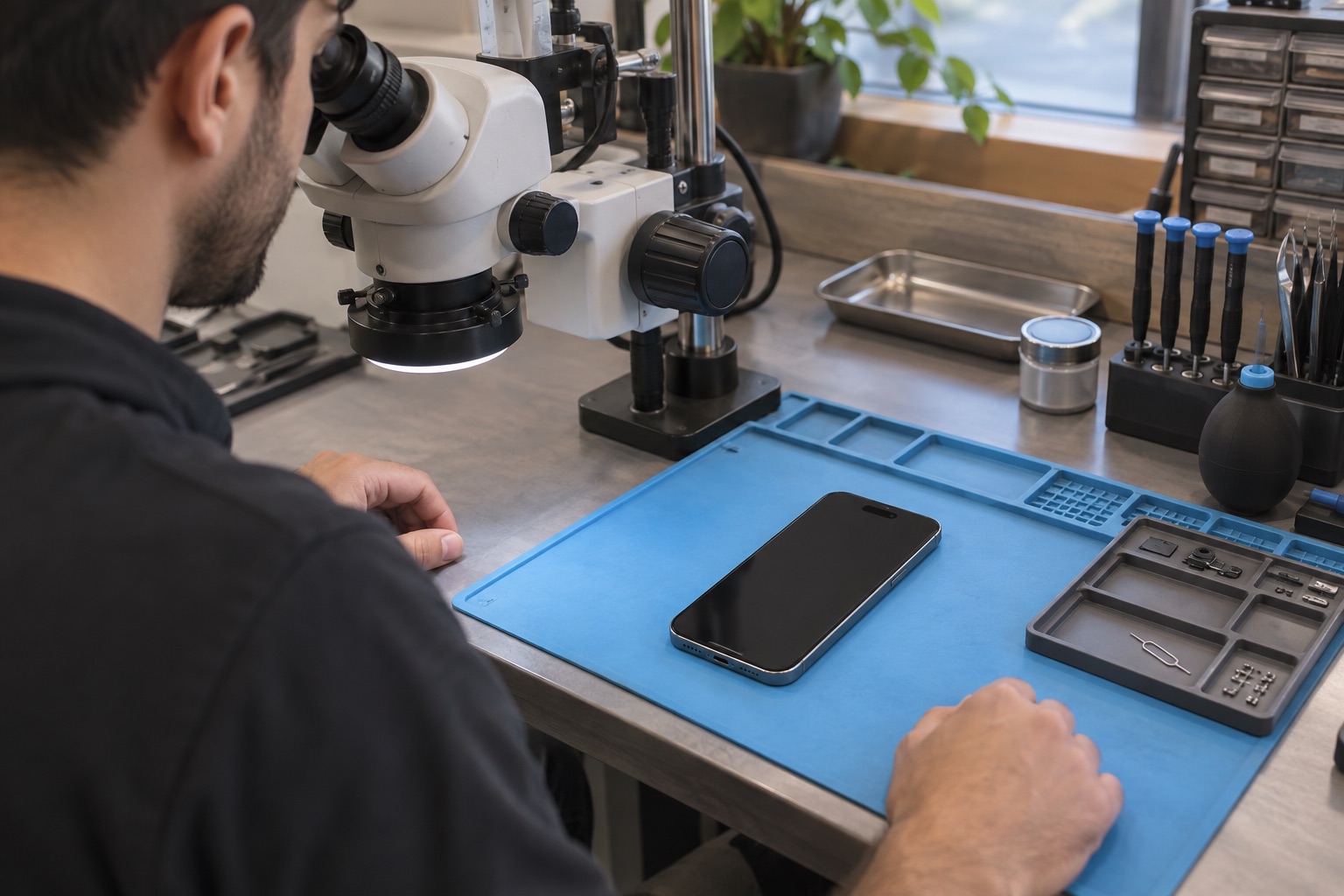 Atölyede mikroskop istasyonu yanında inceleme bekleyen iPhone’u temsil eden sahne