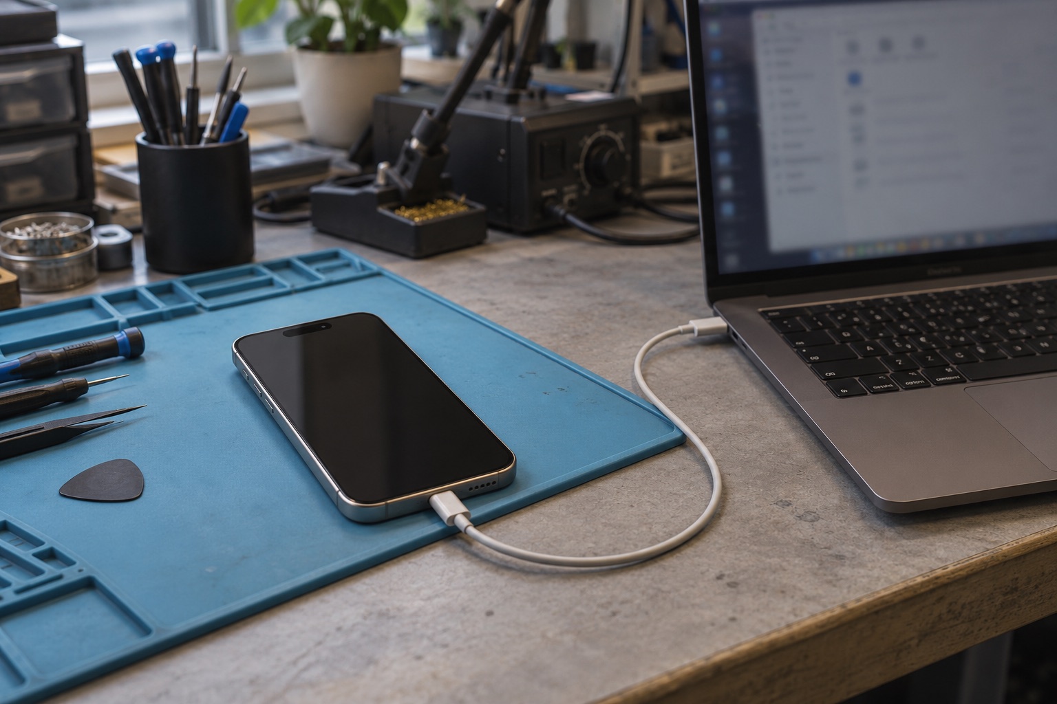 Atölyede USB-C kablosuyla bilgisayara bağlı iPhone’u temsil eden sahne