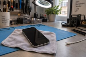 Kuru bez üzerinde ve şarj kablosundan ayrılmış iPhone’u temsil eden atölye sahnesi