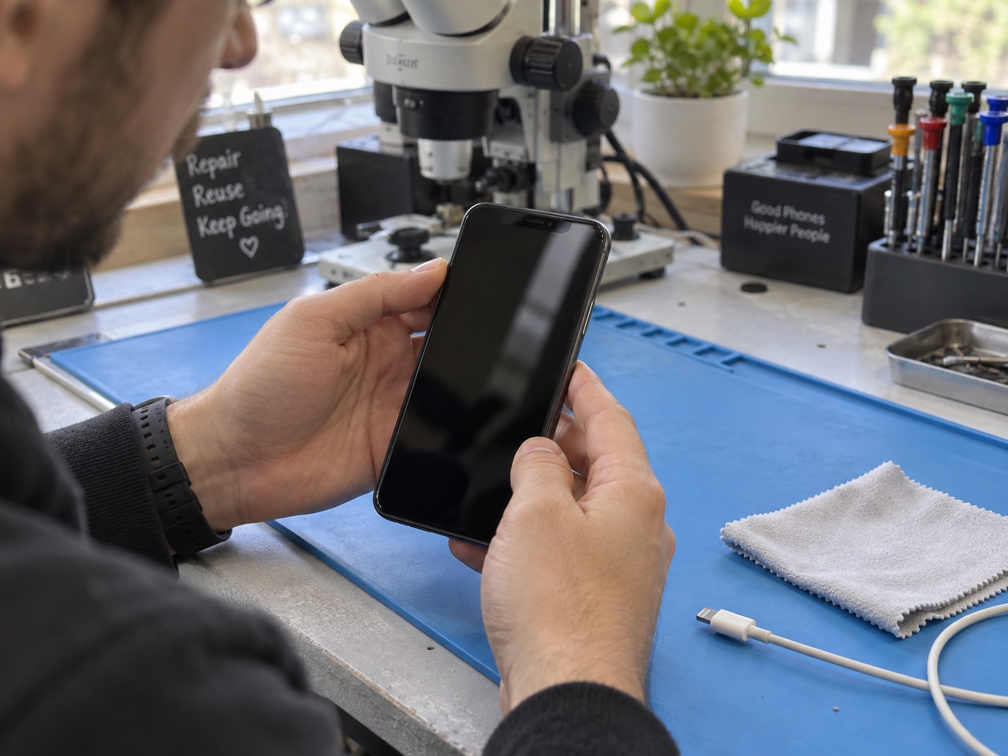 iPhone 11 biçimindeki cihazın pil servisi öncesi dış kontrolünü temsil eden atölye sahnesi
