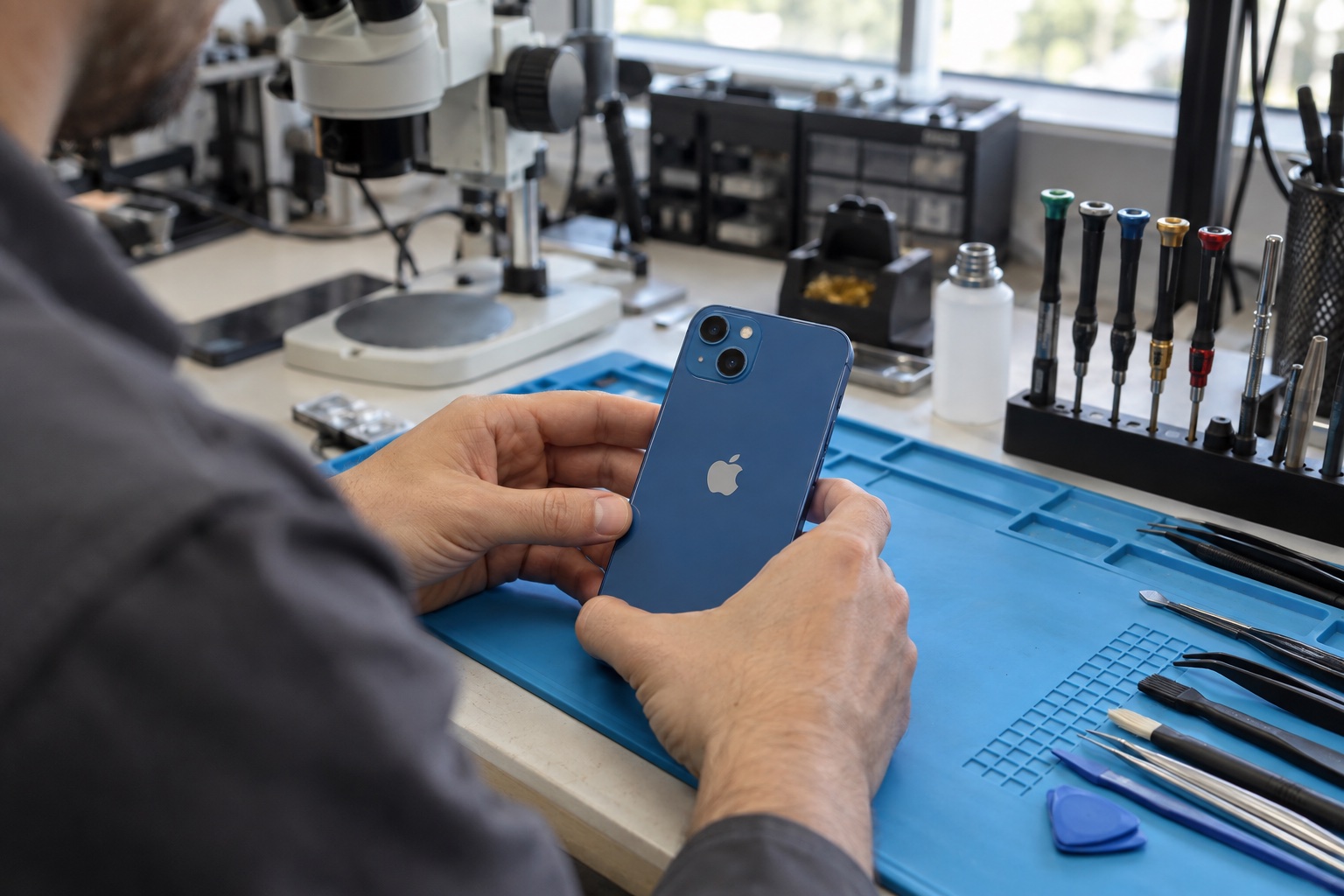 Mavi iPhone 13 modelinin çapraz çift arka kamerasıyla atölyede incelenmesini gösteren temsili sahne
