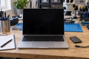 MacBook ve ayrı duran yedekleme diskiyle veri korumayı temsil eden atölye sahnesi