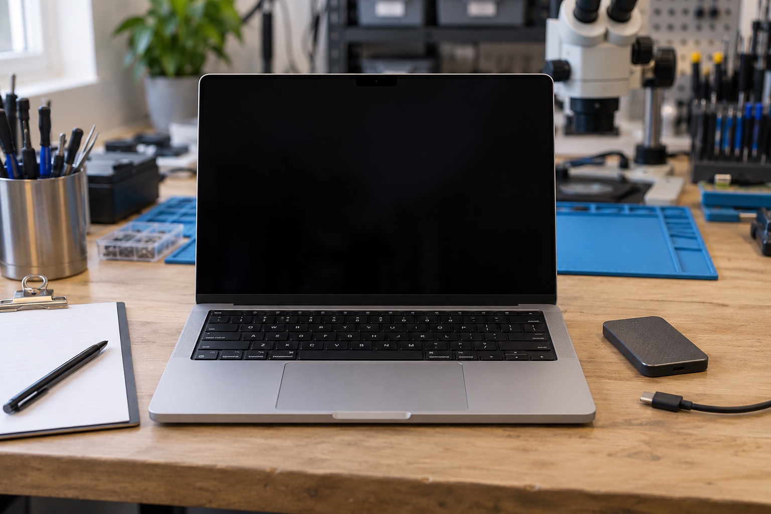 MacBook ve ayrı duran yedekleme diskiyle veri korumayı temsil eden atölye sahnesi