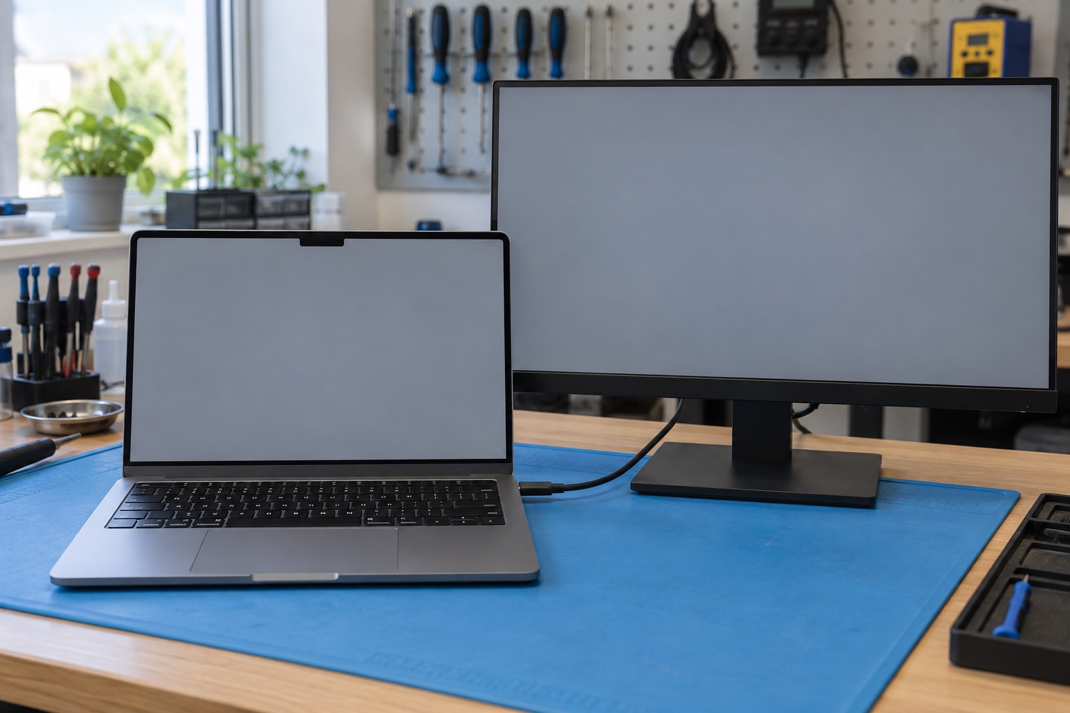 MacBook ile harici monitör bağlantısını temsil eden atölye sahnesi