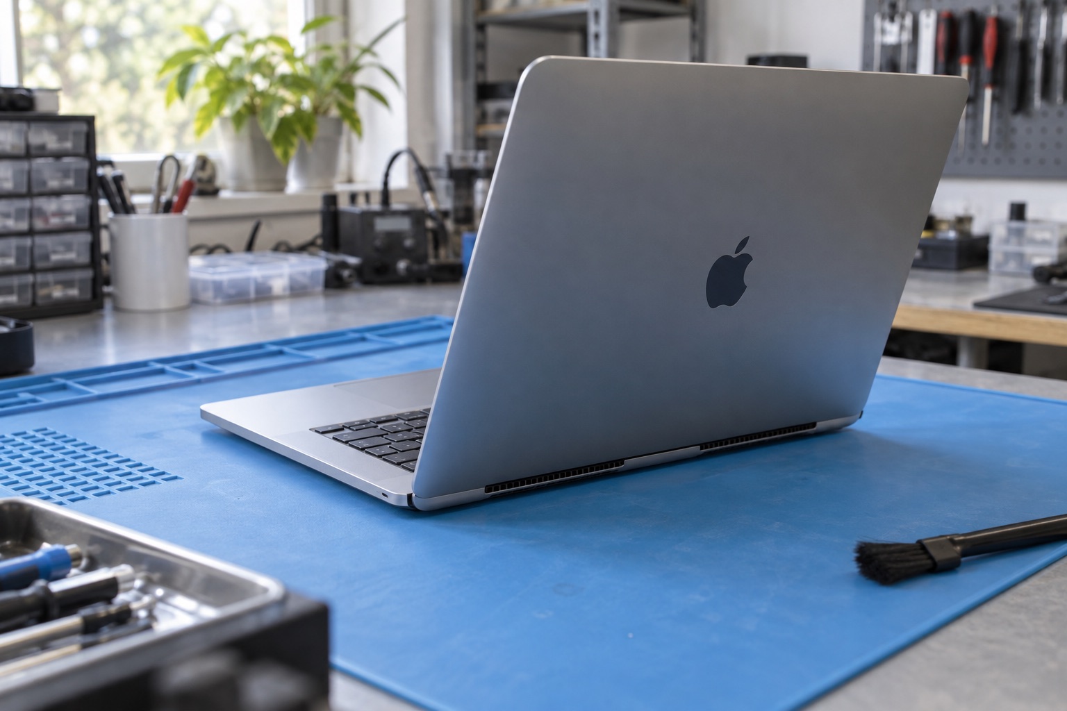 MacBook’un sert ve açık bir yüzeyde havalandırma kontrolünü temsil eden sahne
