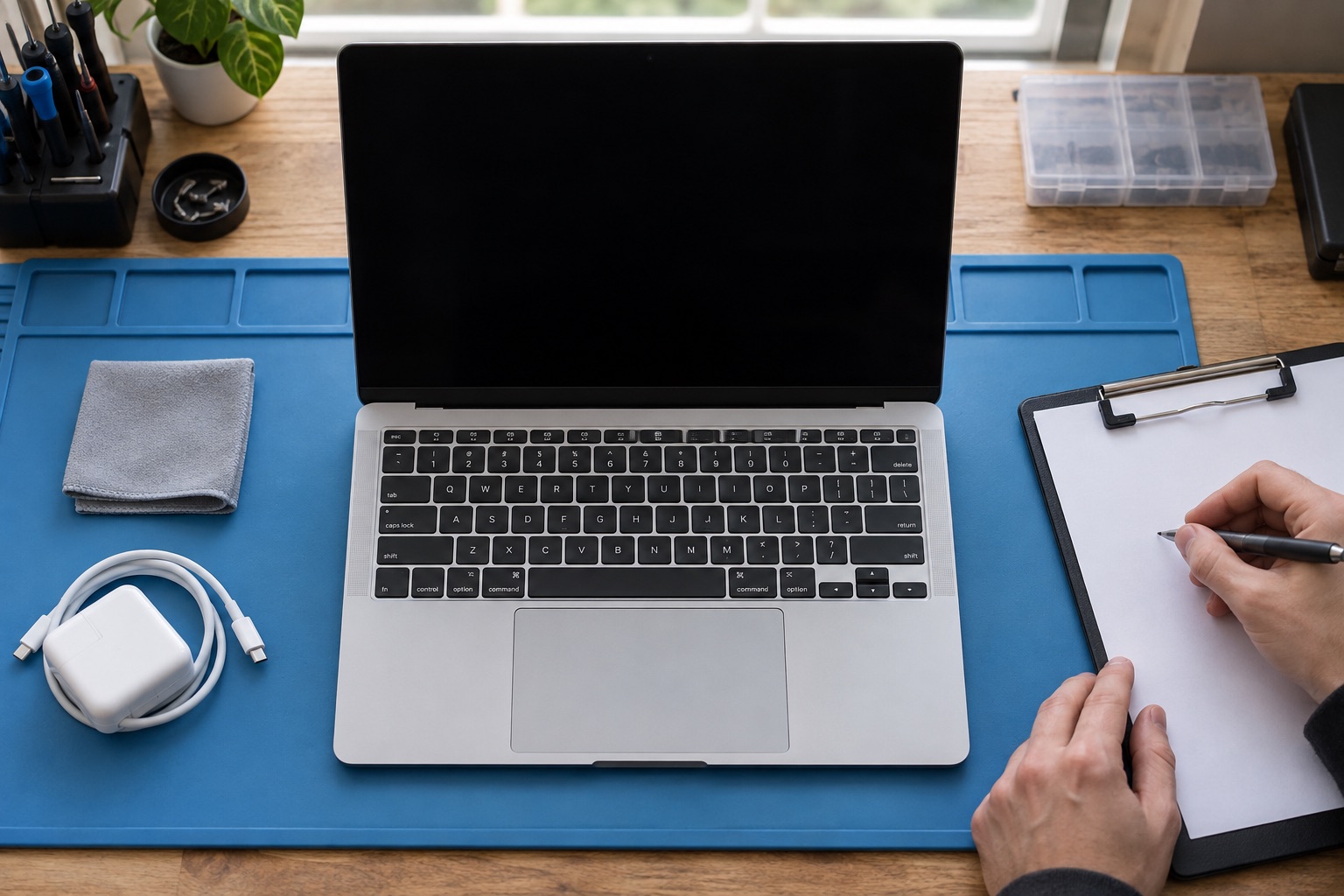 Şarj aksesuarlarından ayrılmış MacBook’un atölyede kabulünü temsil eden sahne