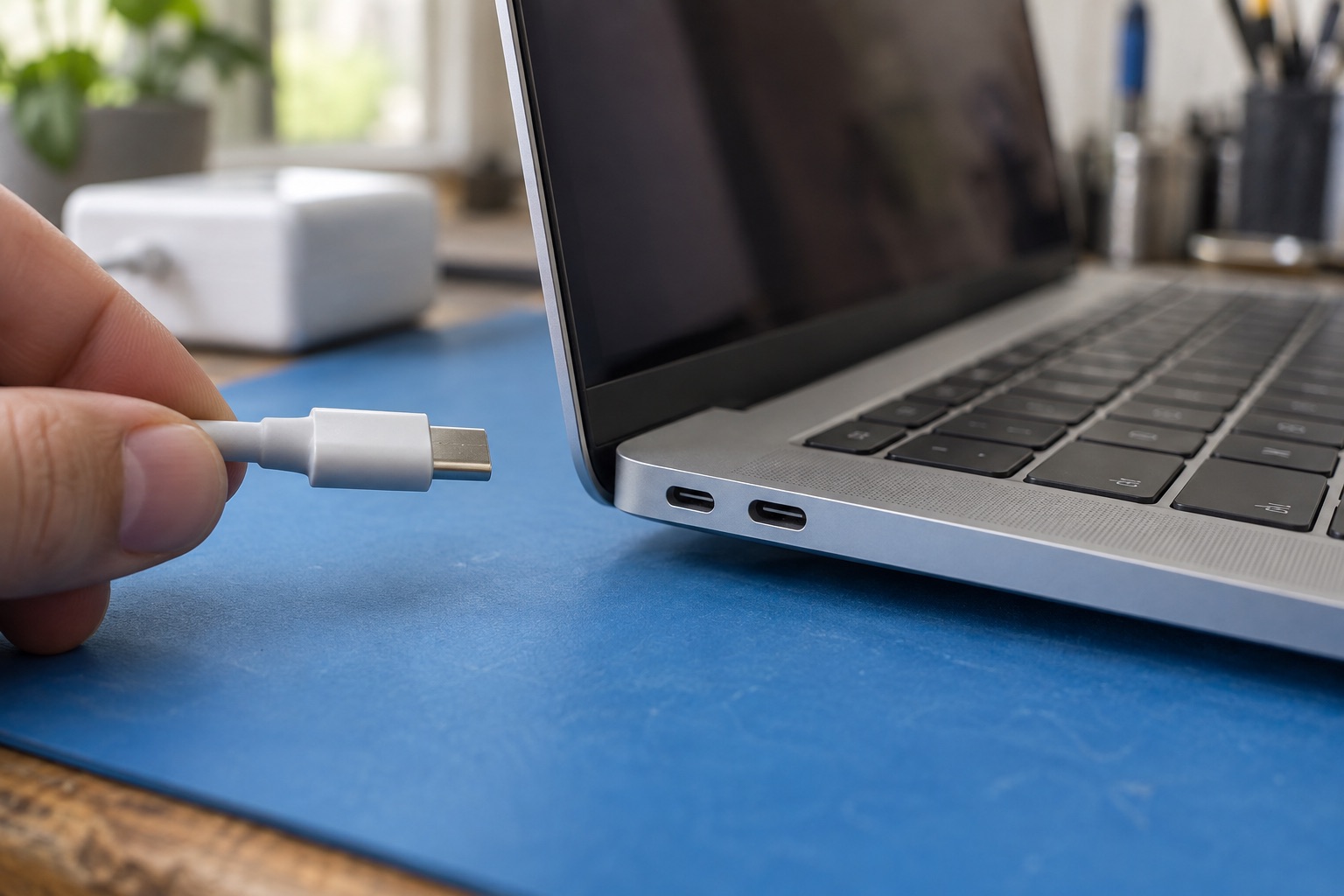 MacBook Air biçimindeki cihazın iki USB-C bağlantısının temsili dış kontrolü