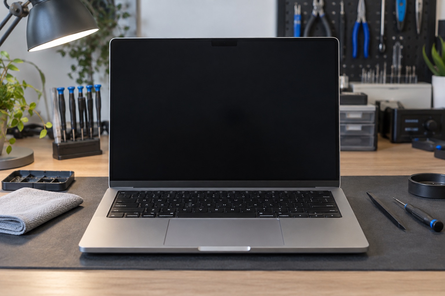 Atölyede siyah ekranlı MacBook Pro biçimindeki cihazın temsili ön görünümü