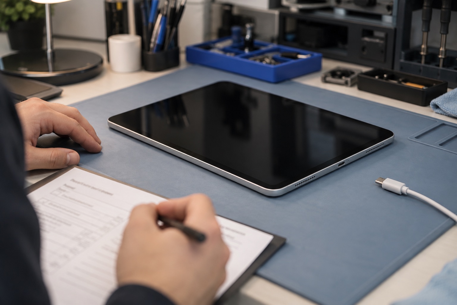 iPad pil şikâyetinin atölyede kayda alınmasını temsil eden sahne