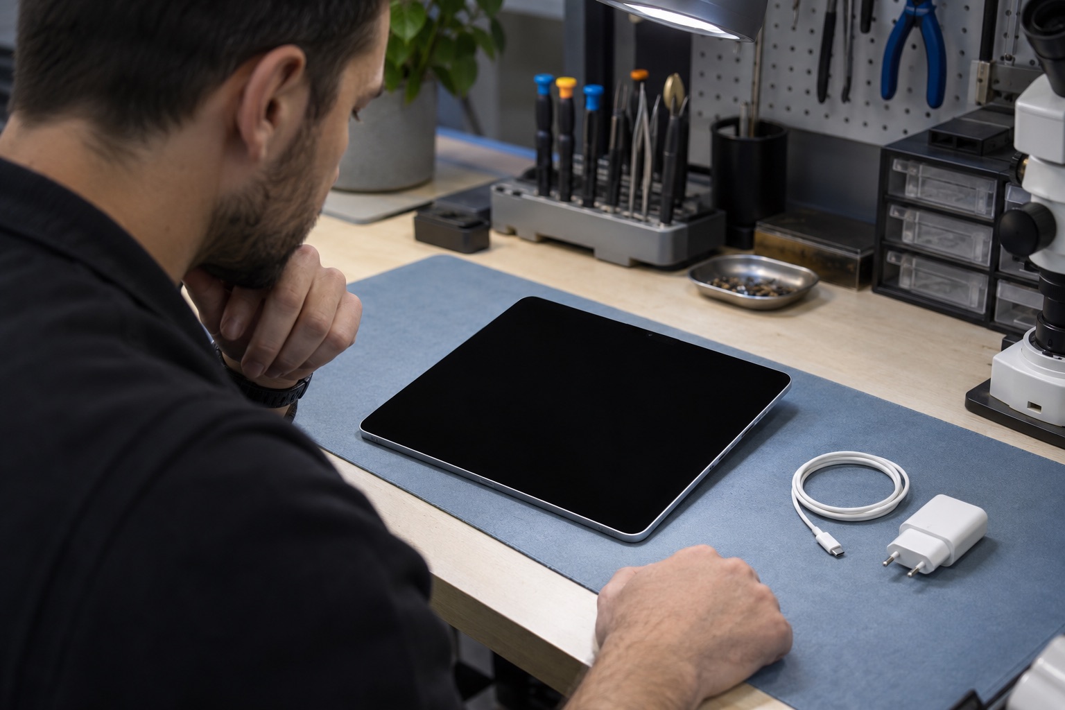 Siyah ekranlı iPad ve şarj aksesuarlarının temsili atölye sahnesi