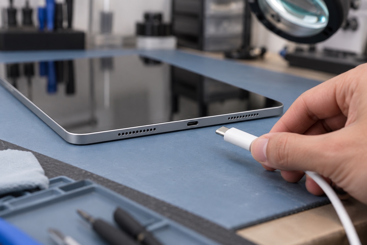 Atölyede USB-C bağlantı noktasının ve kablo ucunun temsili dış kontrolü