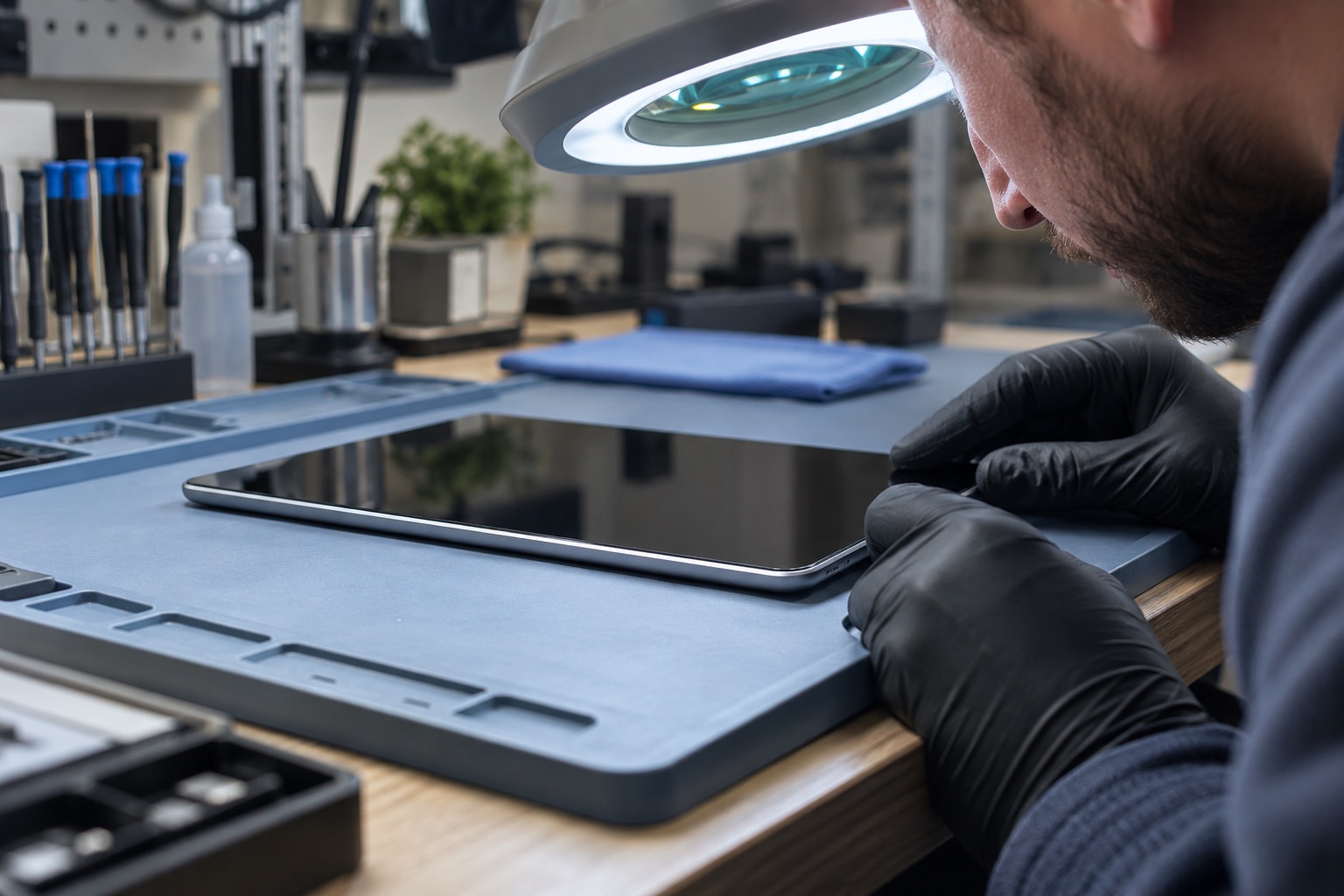 Tablet çerçevesinin ve ekran oturuşunun büyüteçli ışık altında temsili kontrolü