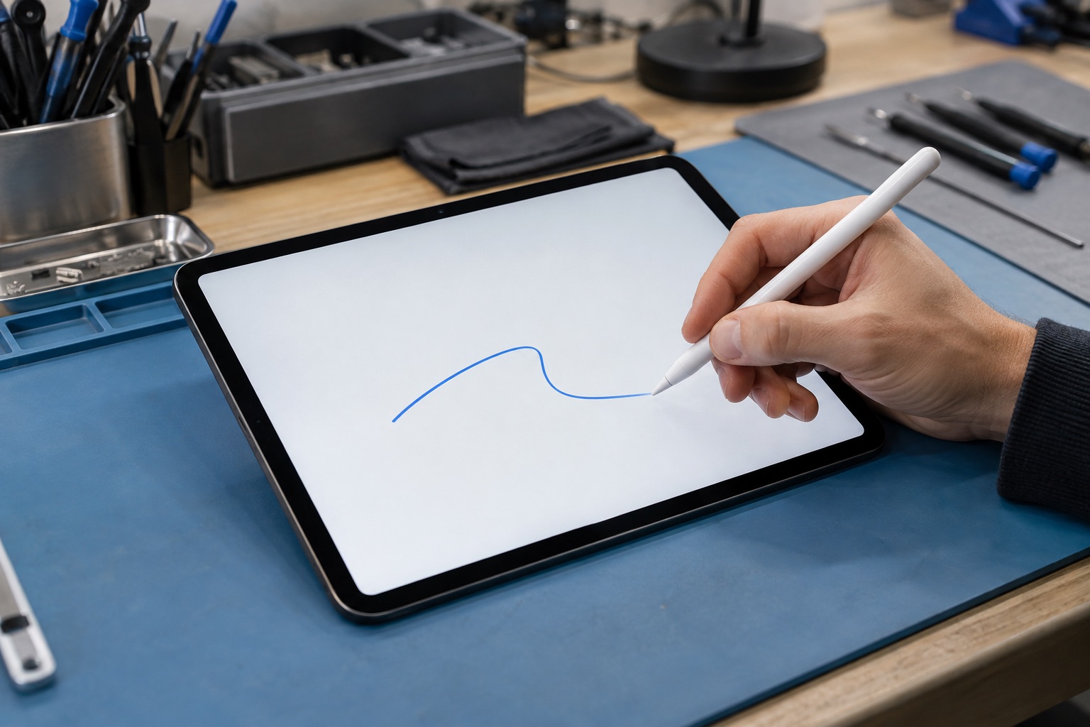 iPad Pro üzerinde Apple Pencil ile çizim kontrolünü temsil eden sahne
