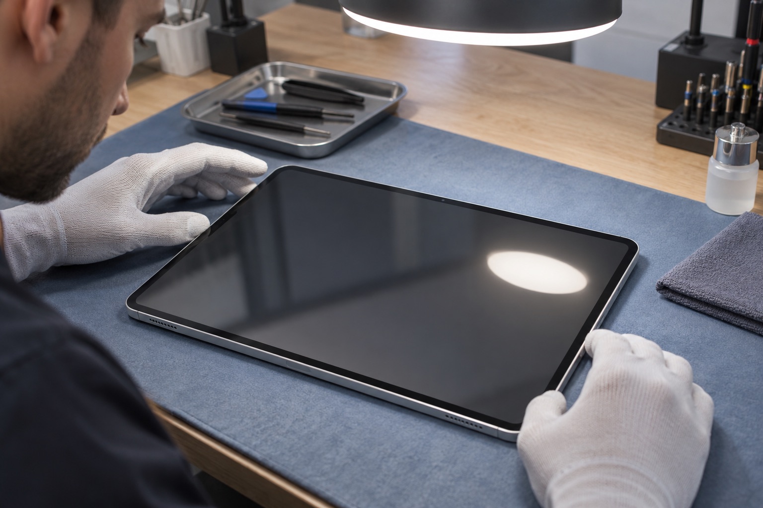 İnce çerçeveli iPad Pro ekranının atölye ışığında temsili incelemesi