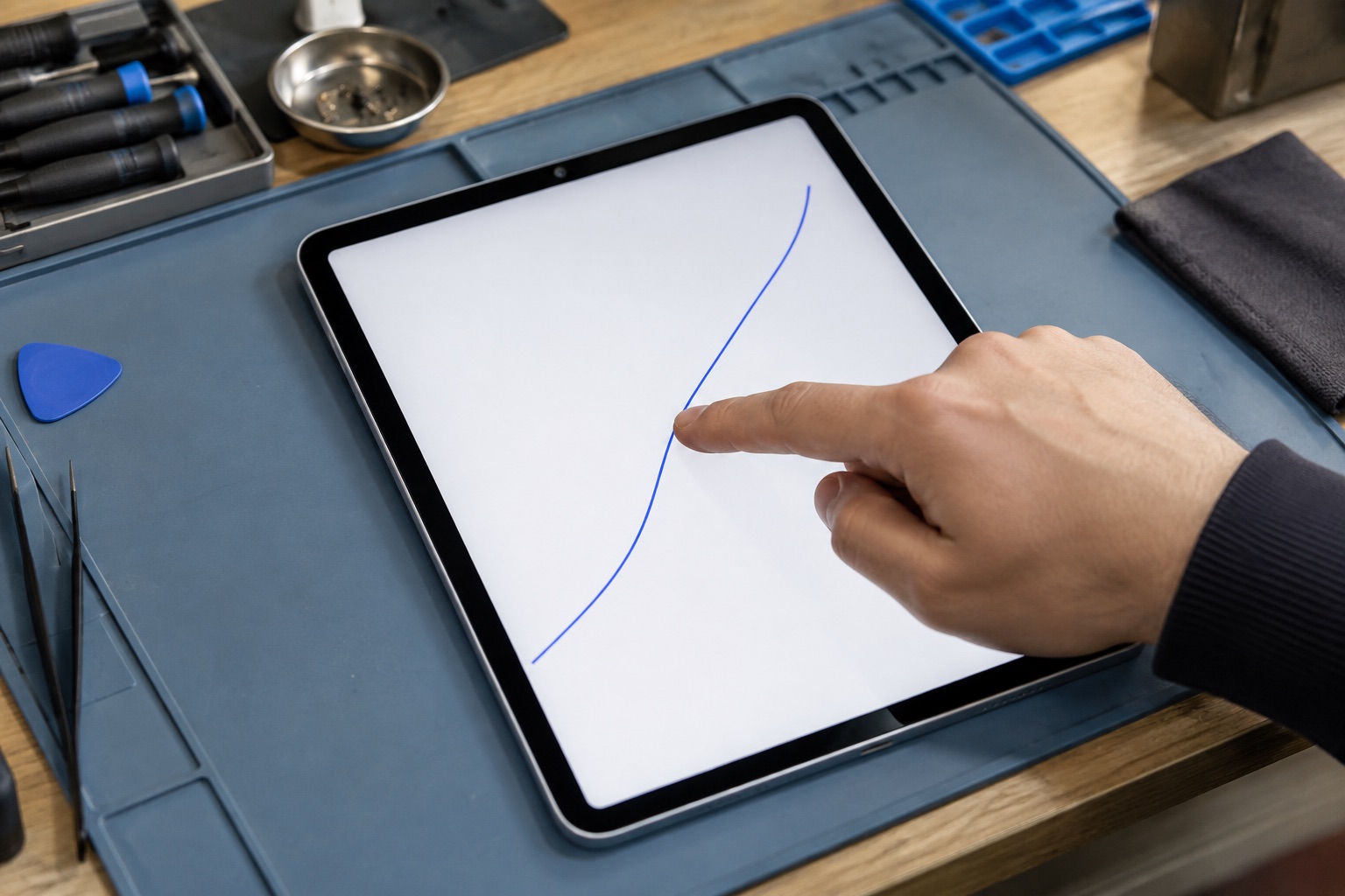 iPad ekranında parmakla çizgi devamlılığını kontrol etmeyi temsil eden sahne