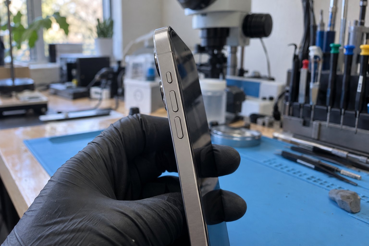 iPhone 15 Pro yan kenarındaki Eylem düğmesi ve ses tuşları