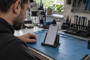 Atölyede sabit ışık altında iPhone ekranının incelenmesi