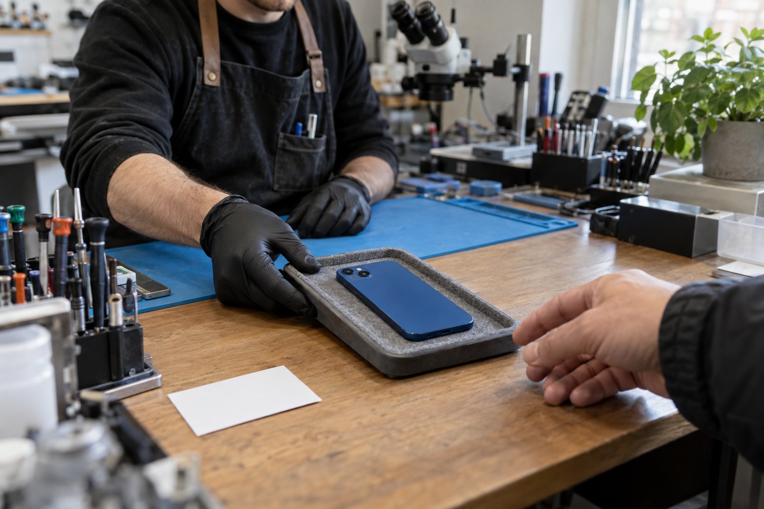 Atölye tepsisinde iPhone teslim kontrolünü temsil eden sahne