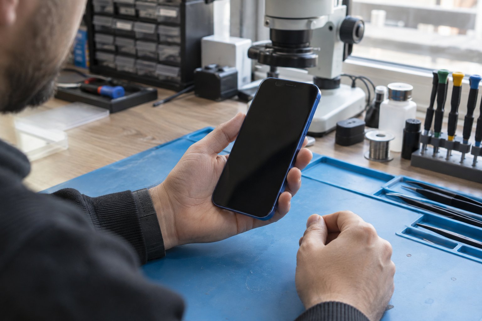 Dokunuş kontrolü için elde tutulan kapalı iPhone