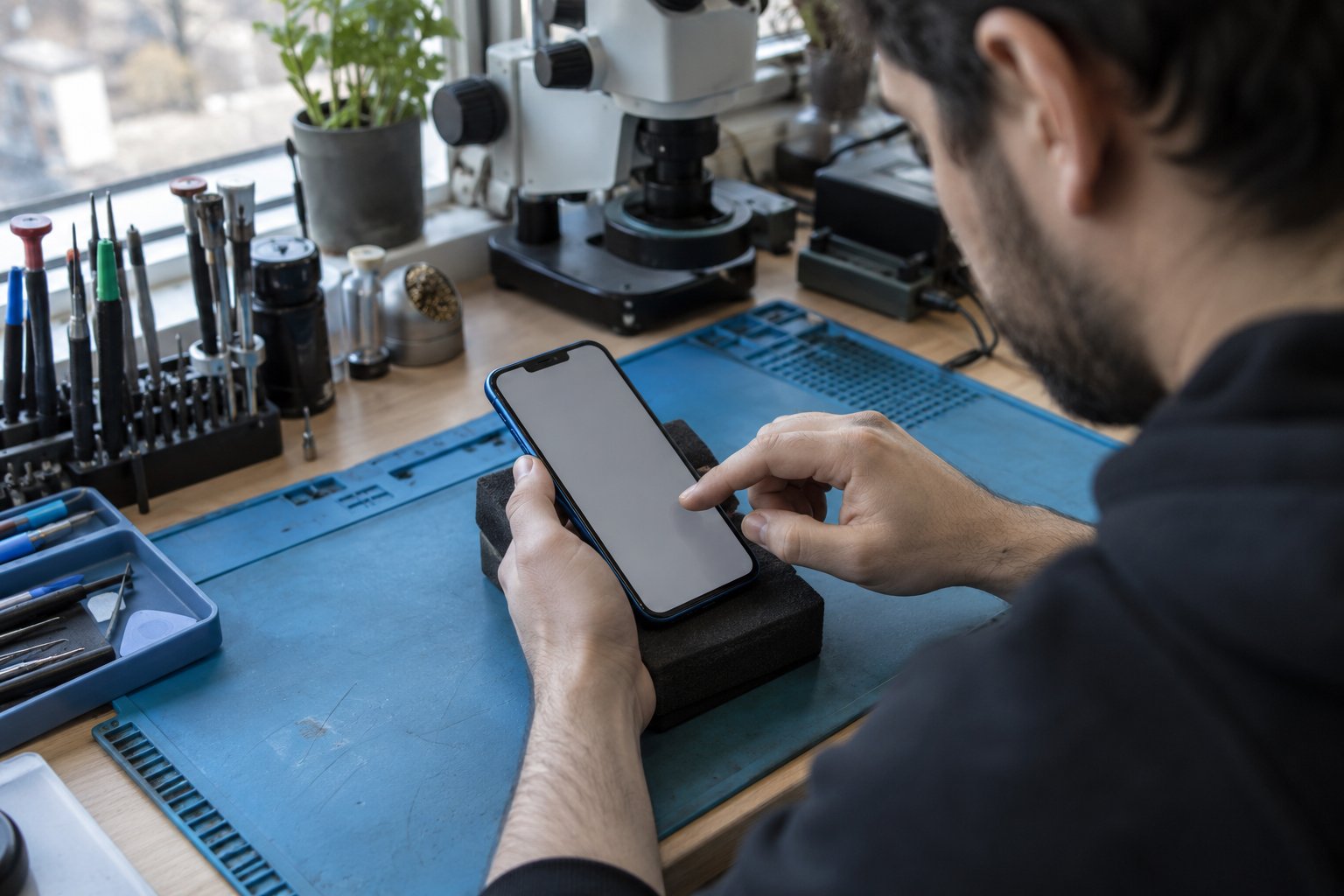 Atölyede iPhone ekranına hafif dokunularak işlev kontrolü