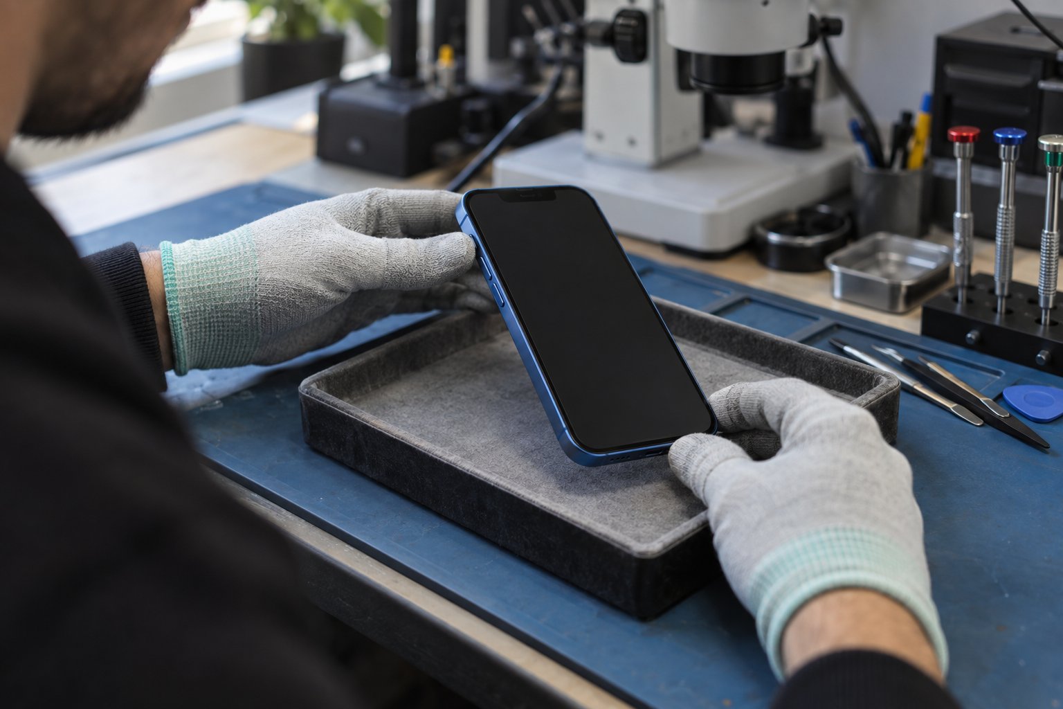 Atölyede kapalı iPhone üzerinde dış durum kontrolü
