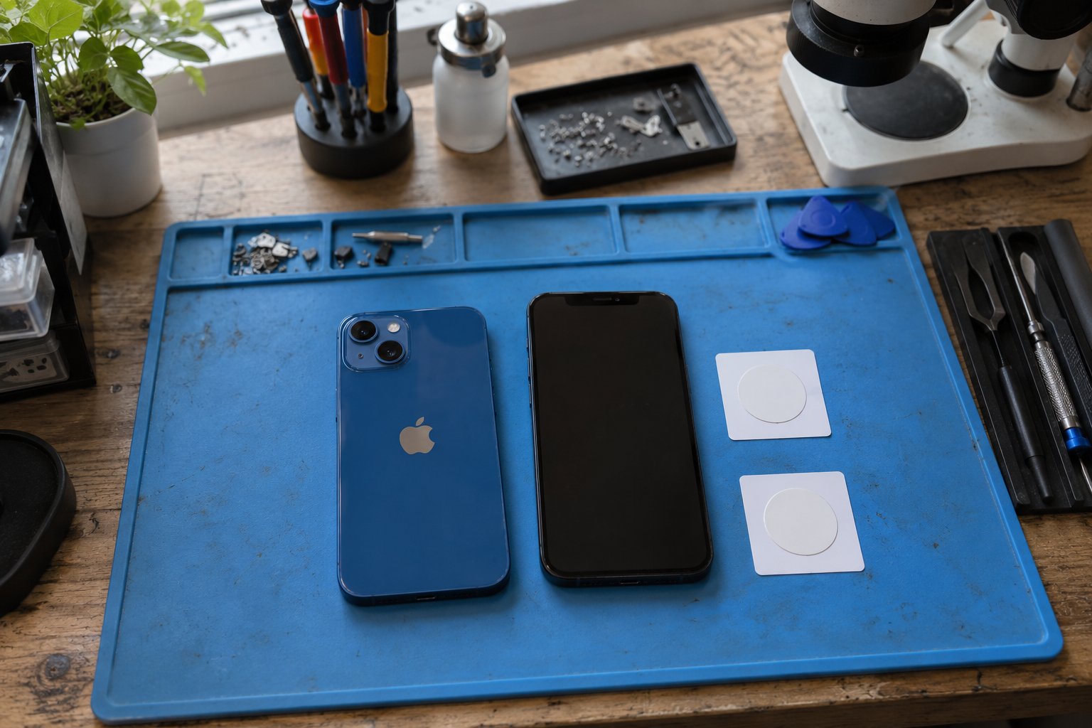 Atölyede iki iPhone ve karşılaştırma için boş NFC etiketleri