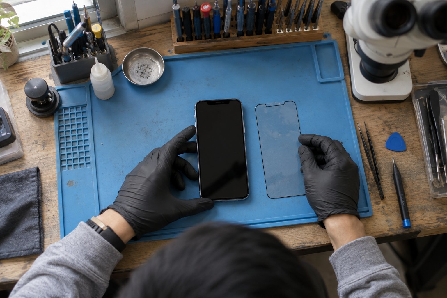iPhone ön camı ve yanında çıkarılmış ekran koruyucu