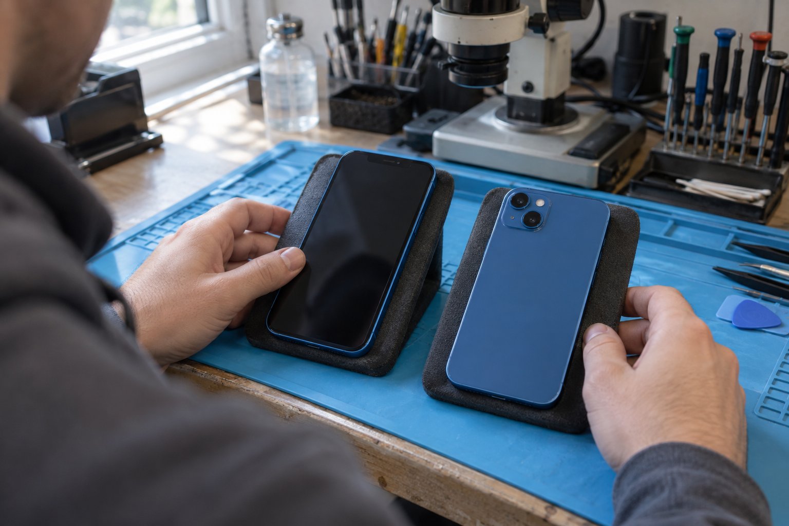 Atölyede ön ve arka kamera bölgeleri karşılaştırılan iki iPhone