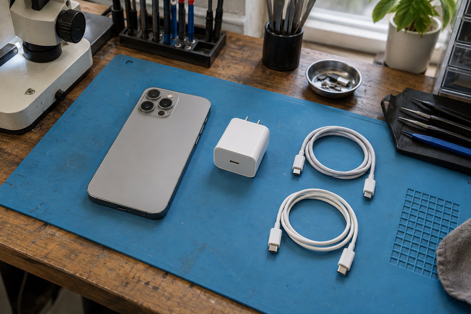 Atölye masasında iPhone, USB-C kablolar ve güç adaptörü