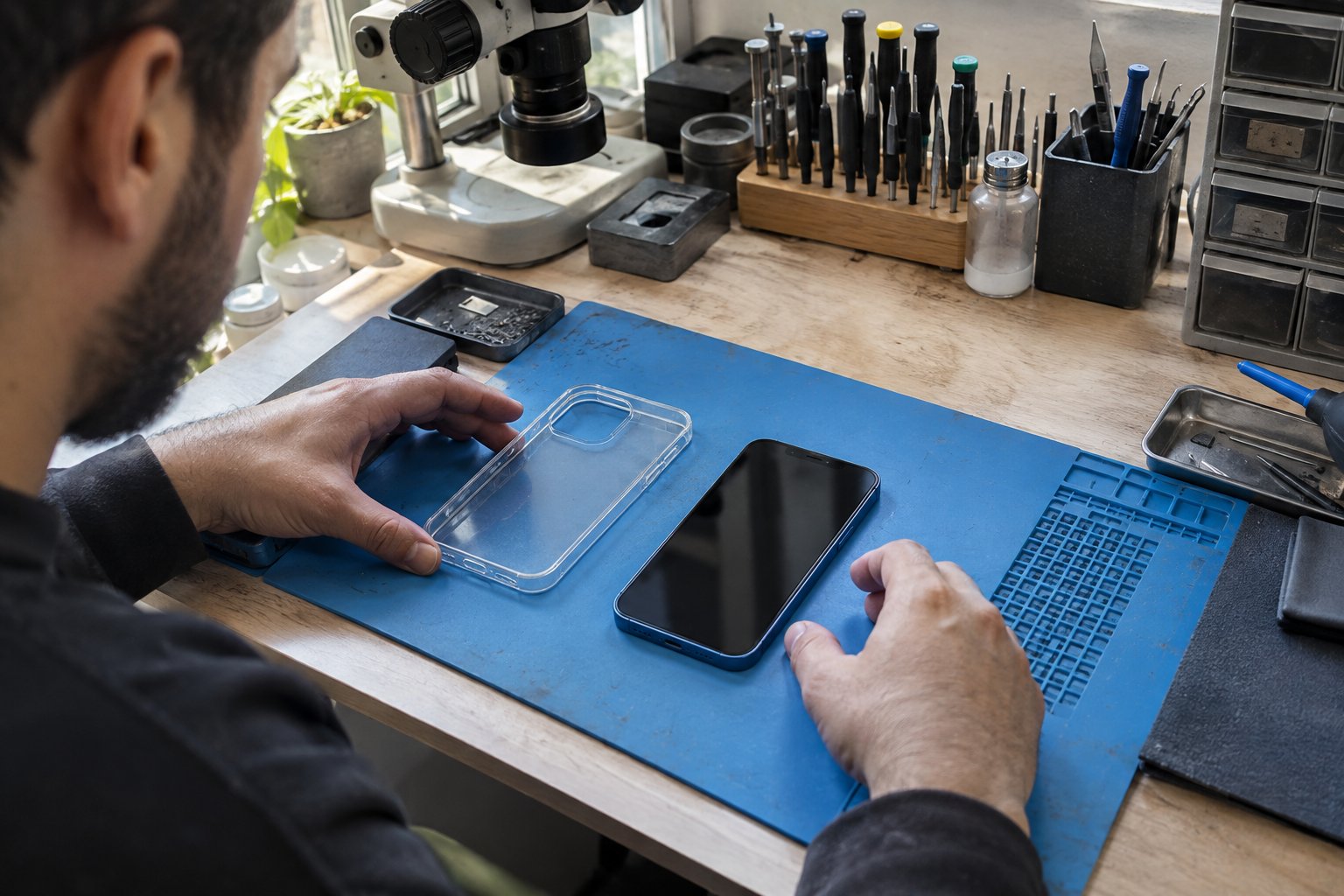 iPhone ile yanında çıkarılmış şeffaf koruyucu kılıf