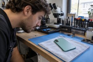 Kuru bez üzerinde şarja bağlı olmayan iPhone 16 dış kontrolü