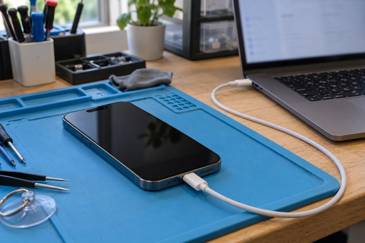 iPhone 15 için bilgisayara usb-c bağlantısı — temsili atölye görseli