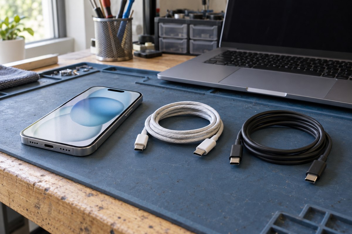 iPhone 15 için veri kablolarının karşılaştırılması — temsili atölye görseli
