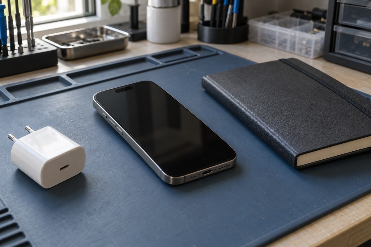 iPhone 15 Pro için servis öncesi hazırlık — temsili atölye görseli
