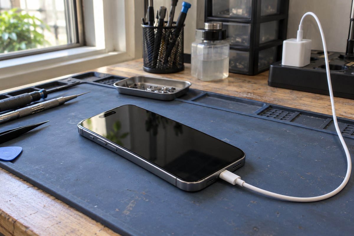 iPhone 15 için kablolu şarj düzeni — temsili atölye görseli