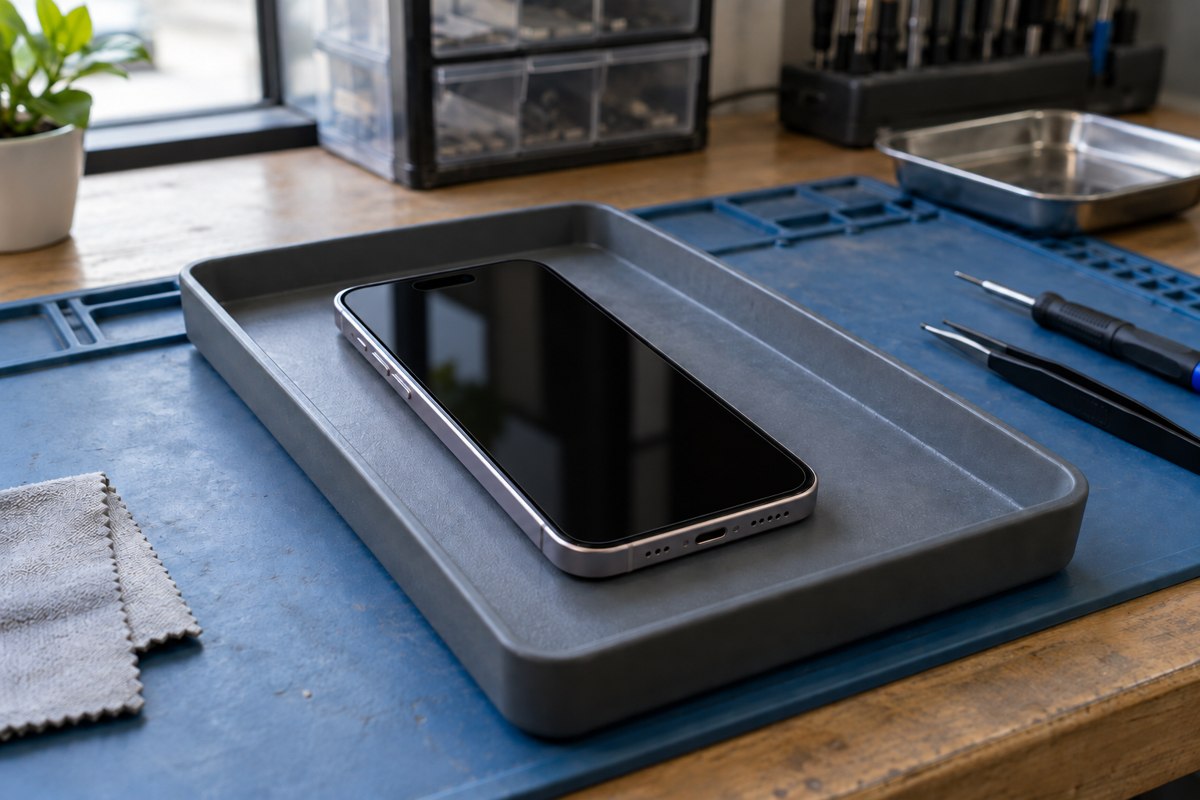 iPhone 15 Plus için bağlantısız cihazın servis tepsisinde beklemesi — temsili atölye görseli