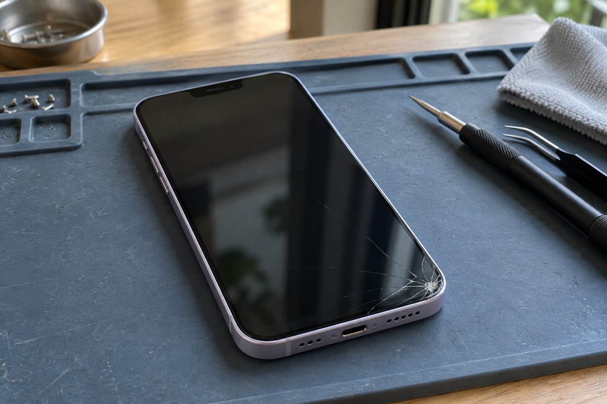 iPhone 14 Plus için ön cam çatlağının değerlendirilmesi — temsili atölye görseli