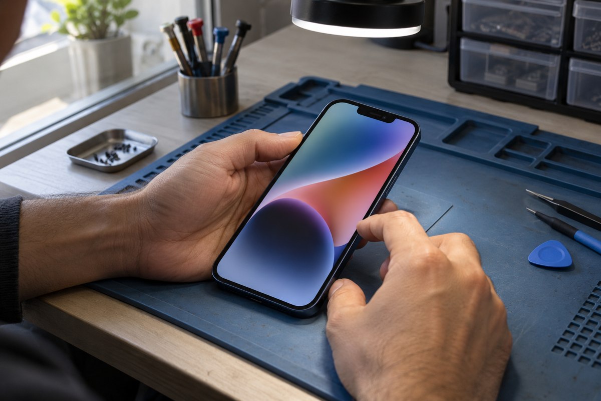 iPhone 14 Plus için ekranın ışık altında incelenmesi — temsili atölye görseli
