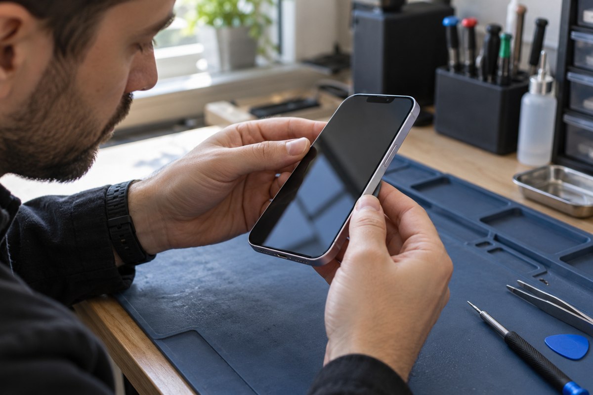 iPhone 14 Plus için ekran ve çerçeve uyumunun kontrolü — temsili atölye görseli