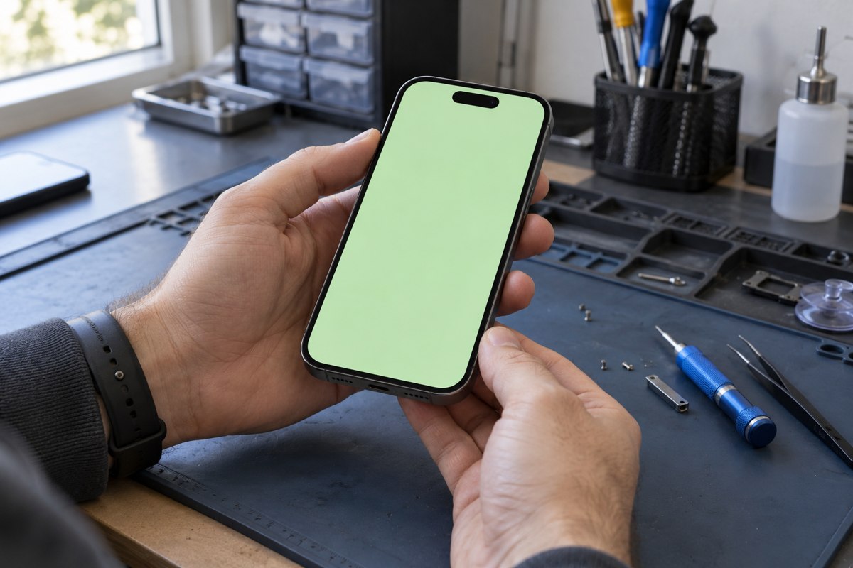 iPhone 14 Pro için yeşil ekran belirtisinin temsili — temsili atölye görseli