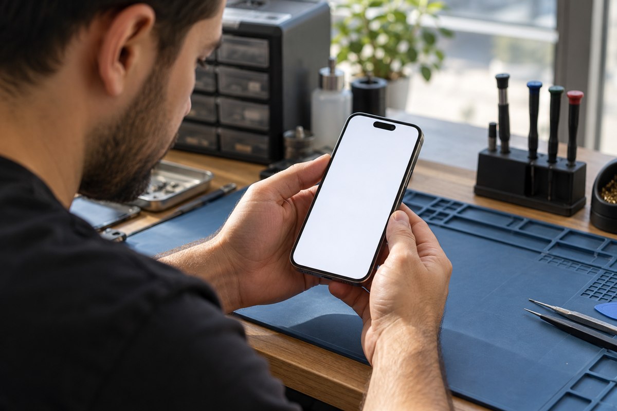 iPhone 14 Pro için beyaz ekran belirtisinin temsili — temsili atölye görseli