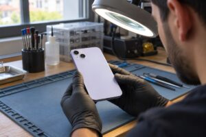 iPhone 14 Plus için arka kamera camının incelenmesi — temsili atölye görseli