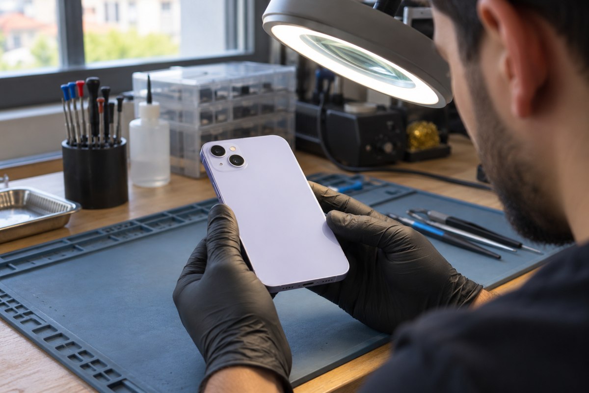 iPhone 14 Plus için arka kamera camının incelenmesi — temsili atölye görseli